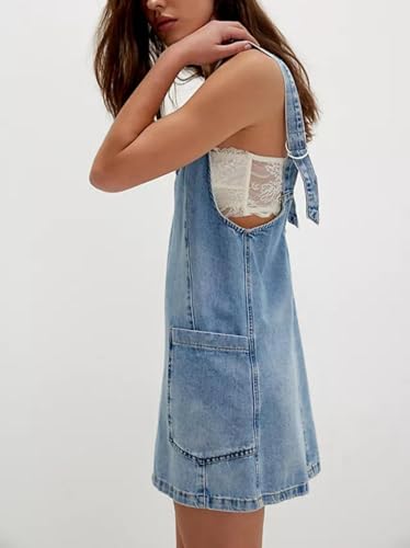 yoeasy Women's V Neck Sleeveless Denim Overall Dress Adjustable Strap Summer Mini Pinafore Jean Dress with Pockets (XX-Large, Light Blue) - Image 4