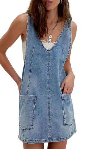 yoeasy Women's V Neck Sleeveless Denim Overall Dress Adjustable Strap Summer Mini Pinafore Jean Dress with Pockets (XX-Large, Light Blue) - Image 1