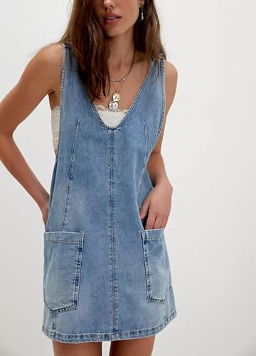 yoeasy Women's V Neck Sleeveless Denim Overall Dress Adjustable Strap Summer Mini Pinafore Jean Dress with Pockets (XX-Large, Light Blue) - Image 2
