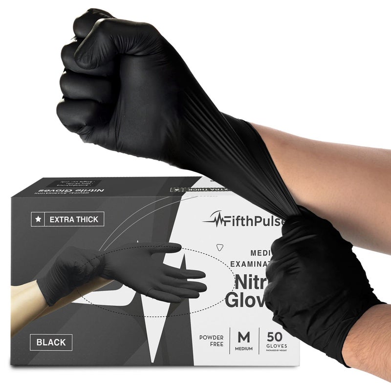 FifthPulse Disposable Black Nitrile Gloves Medium 50 Count - Extra Thick 4.5 Mil - Powder and Latex Free Rubber Gloves - Surgical Medical Exam Gloves - Food Safe Cooking Gloves - Image 1