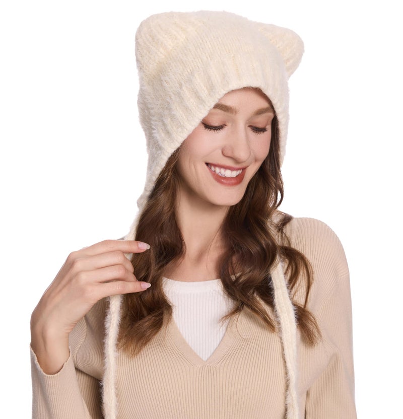 ZLYC Women Crochet Hat Knit Cat Ear Slouchy Beanie Cute Vintage Grunge Fuzzy Hat, Bear Ears Beige - Image 2