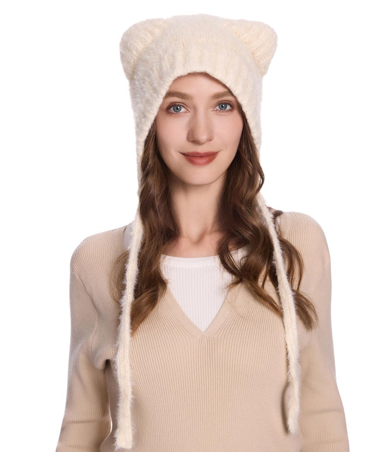 ZLYC Women Crochet Hat Knit Cat Ear Slouchy Beanie Cute Vintage Grunge Fuzzy Hat, Bear Ears Beige - Image 3