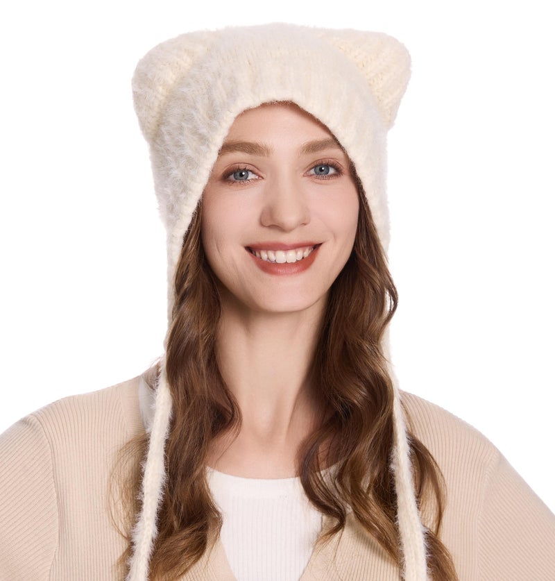 ZLYC Women Crochet Hat Knit Cat Ear Slouchy Beanie Cute Vintage Grunge Fuzzy Hat, Bear Ears Beige - Image 1