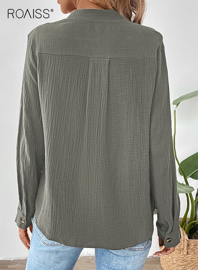 roaiss Women's V-neck Shirt, Loose-fit Viscose Breathable Pullover Blouse, Elegant Commuter Solid-Color Wrinkle-Resistant Long-Sleeve Casual Top, Green - Image 5