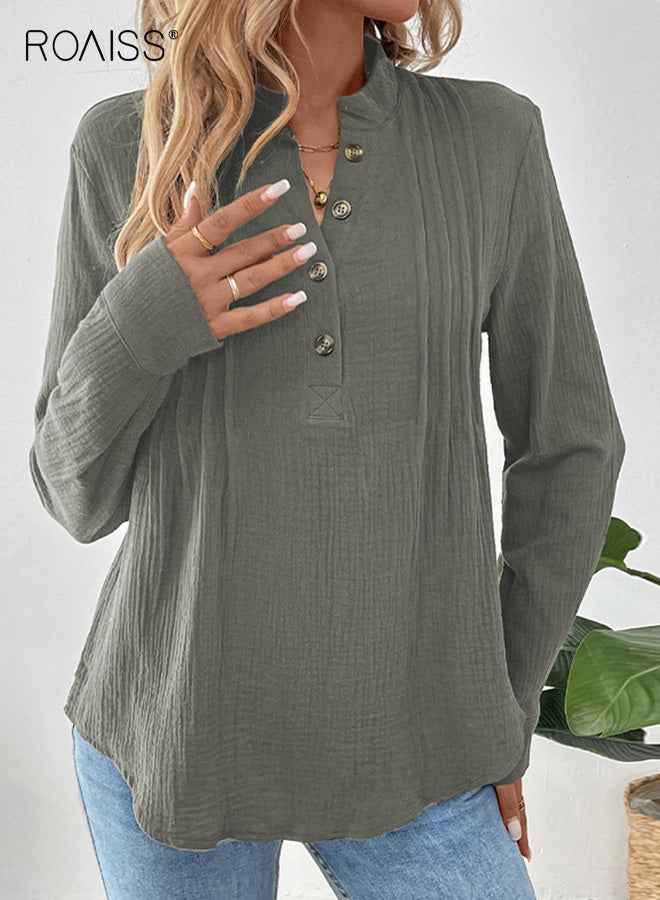 roaiss Women's V-neck Shirt, Loose-fit Viscose Breathable Pullover Blouse, Elegant Commuter Solid-Color Wrinkle-Resistant Long-Sleeve Casual Top, Green - Image 1