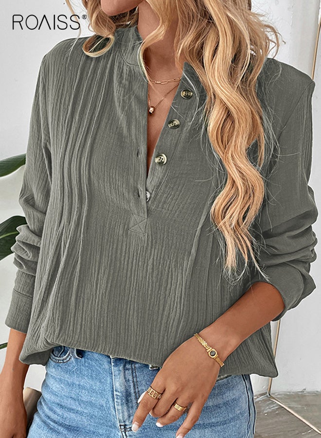 roaiss Women's V-neck Shirt, Loose-fit Viscose Breathable Pullover Blouse, Elegant Commuter Solid-Color Wrinkle-Resistant Long-Sleeve Casual Top, Green - Image 3