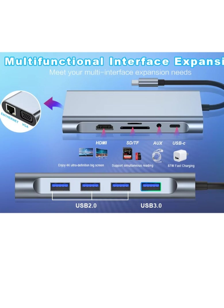 Zero - Type-C Hub 11 in 1 USB C to 4K HDMI + RJ45 + PD + audio 100W Charge + USB3.0 + VGA + SD/TF Card Reader Dock for MacBook Windows Laptop - Image 1