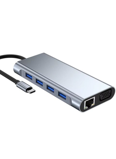 Type-C Hub 11 in 1 USB C to 4K HDMI + RJ45 + PD + audio 100W Charge + USB3.0 + VGA + SD/TF Card Reader Dock for MacBook Windows Laptop