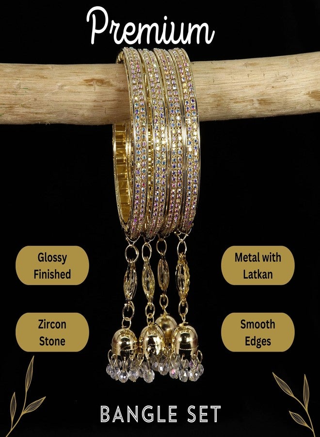 LAVAZZA Premium American Diamond CZ Stone Metal Latkan Bangles Set For Women & Girls | AD Bangles For Women | Bangles Bracelet | White Stone Bangles | AD Kada Bangles Jewellery-(RKM6-Gold-2.4) - Image 5