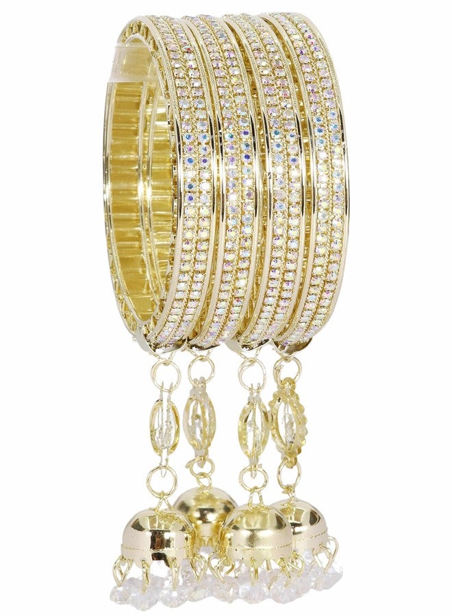 LAVAZZA Premium American Diamond CZ Stone Metal Latkan Bangles Set For Women & Girls | AD Bangles For Women | Bangles Bracelet | White Stone Bangles | AD Kada Bangles Jewellery-(RKM6-Gold-2.4) - Image 1