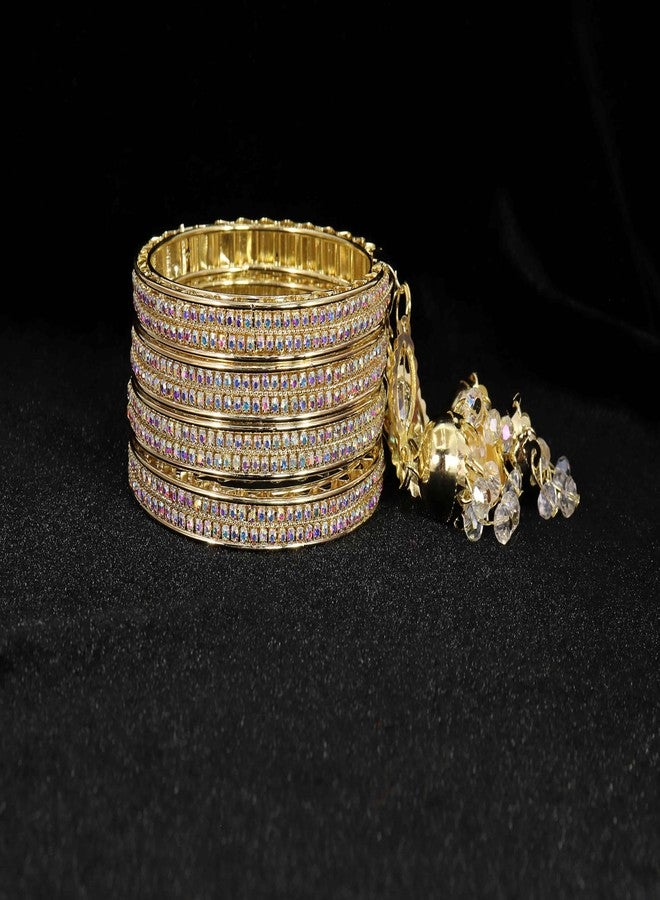 LAVAZZA Premium American Diamond CZ Stone Metal Latkan Bangles Set For Women & Girls | AD Bangles For Women | Bangles Bracelet | White Stone Bangles | AD Kada Bangles Jewellery-(RKM6-Gold-2.4) - Image 4