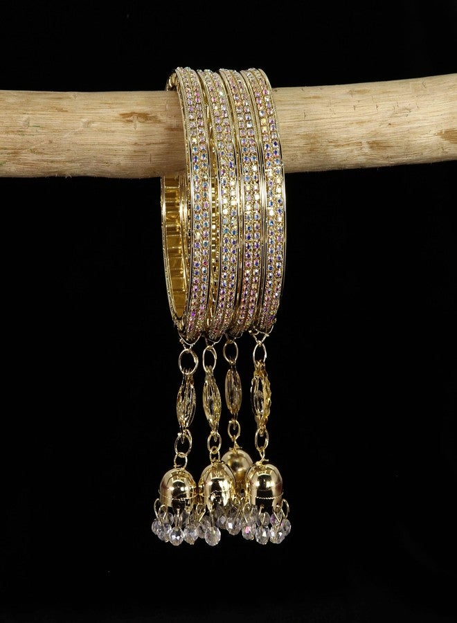 LAVAZZA Premium American Diamond CZ Stone Metal Latkan Bangles Set For Women & Girls | AD Bangles For Women | Bangles Bracelet | White Stone Bangles | AD Kada Bangles Jewellery-(RKM6-Gold-2.4) - Image 3