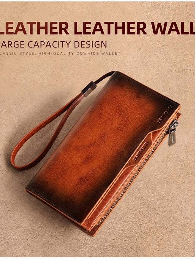 banyanu Men's Long Genuine Leather Top Layer Cowhide Vintage Wallet, Coffee Color - Image 2