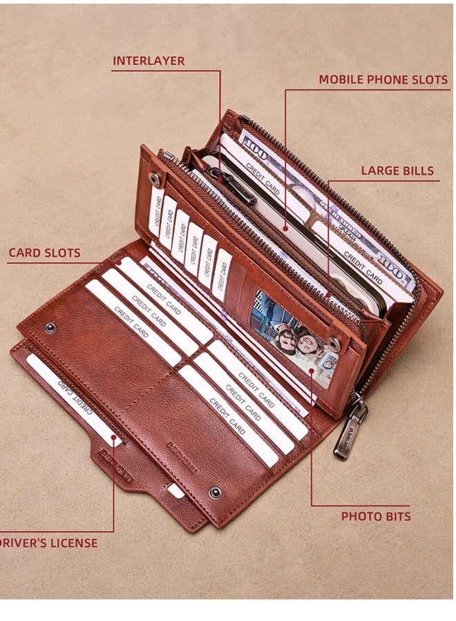 banyanu Men's Long Genuine Leather Top Layer Cowhide Vintage Wallet, Coffee Color - Image 3