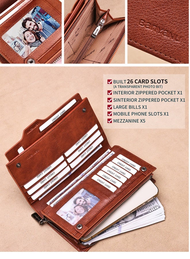 banyanu Men's Long Genuine Leather Top Layer Cowhide Vintage Wallet, Coffee Color - Image 4