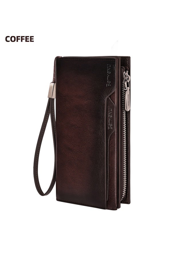 banyanu Men's Long Genuine Leather Top Layer Cowhide Vintage Wallet, Coffee Color - Image 1
