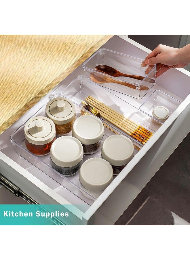 Golden Bird Golden bird Square Shape Desk Drawer Organizer Trays Various Size Bathroom Drawer Tray Dividers Plastic Vanity Organizers Storage Bins For Inside Makeup Dresser Kitchen Office (Clear) (4 Pcs) - Image 4