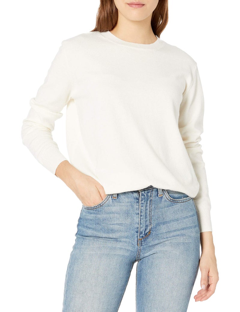 QUALFORT Women's White Sweaters for Women, Crewneck Pullover Knitted Tops Ivory Medium - Image 1
