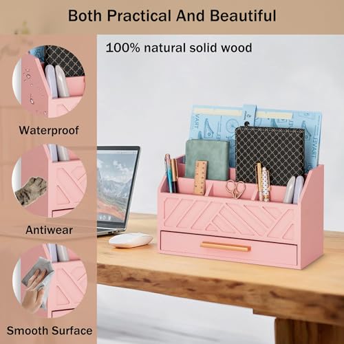 dreampossible Pink Wood Desk Organizer and Accessories with Drawer, Bill Mail Organizer and File Mail Holder for Office Supplies, Modern Desk Accessories & Workspace Organizers for Desk Organization - Image 3