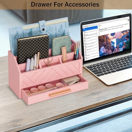 dreampossible Pink Wood Desk Organizer and Accessories with Drawer, Bill Mail Organizer and File Mail Holder for Office Supplies, Modern Desk Accessories & Workspace Organizers for Desk Organization - Image 2
