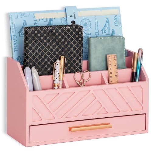 dreampossible Pink Wood Desk Organizer and Accessories with Drawer, Bill Mail Organizer and File Mail Holder for Office Supplies, Modern Desk Accessories & Workspace Organizers for Desk Organization - Image 1