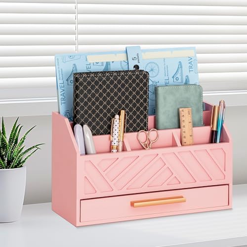dreampossible Pink Wood Desk Organizer and Accessories with Drawer, Bill Mail Organizer and File Mail Holder for Office Supplies, Modern Desk Accessories & Workspace Organizers for Desk Organization - Image 4