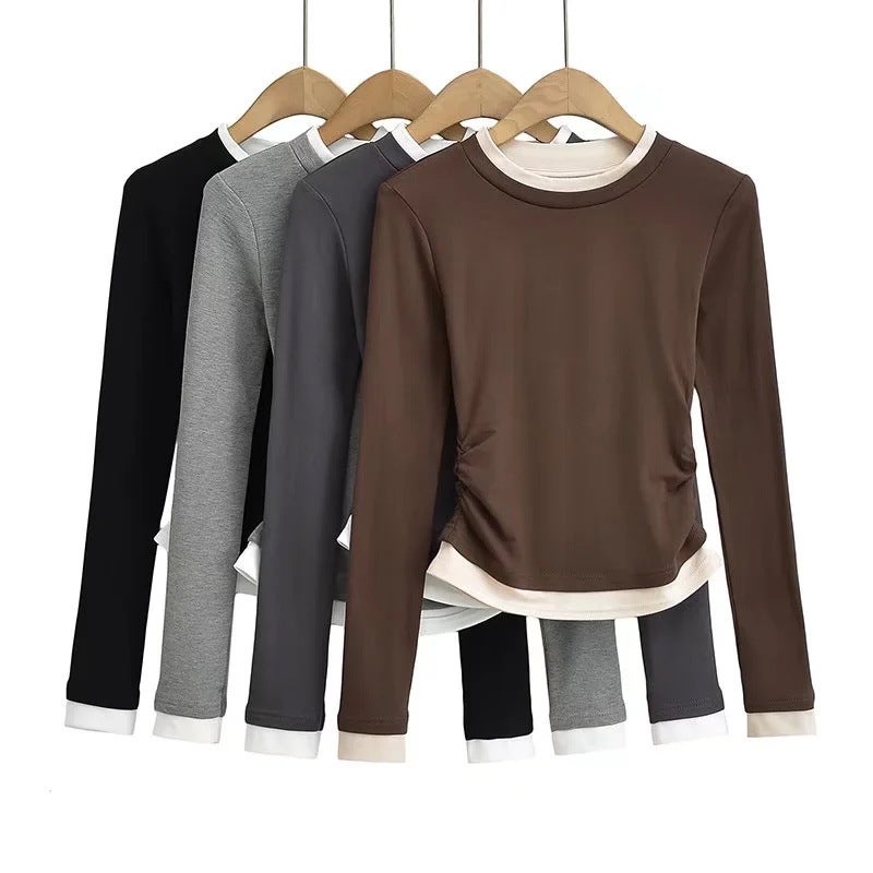 Ins Blogger Fake Two-Piece Contrast Color Design Long-Sleeved T-Shirt Side Wrinkle Tight Waist High Elastic Slim Bottoming Shirt - Image 2