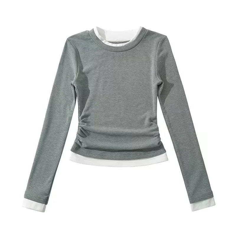 Ins Blogger Fake Two-Piece Contrast Color Design Long-Sleeved T-Shirt Side Wrinkle Tight Waist High Elastic Slim Bottoming Shirt - Image 3