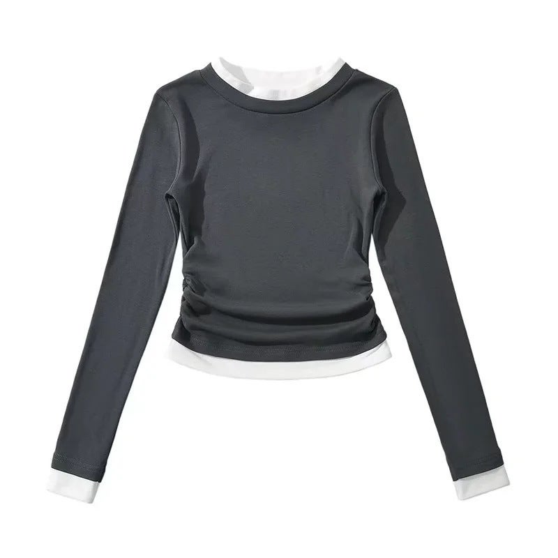 Ins Blogger Fake Two-Piece Contrast Color Design Long-Sleeved T-Shirt Side Wrinkle Tight Waist High Elastic Slim Bottoming Shirt - Image 4
