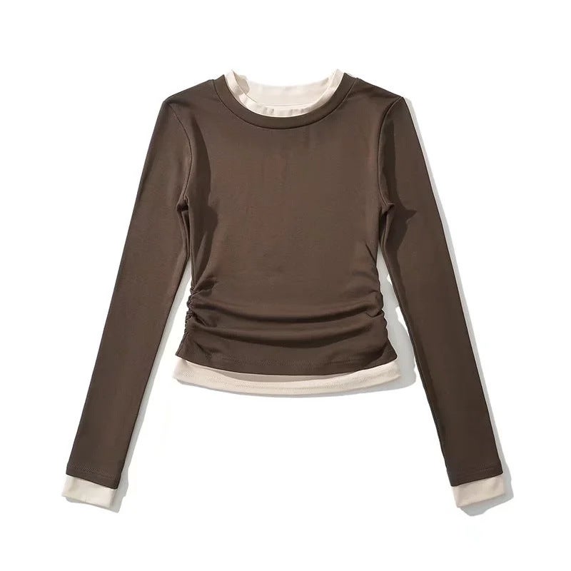 Ins Blogger Fake Two-Piece Contrast Color Design Long-Sleeved T-Shirt Side Wrinkle Tight Waist High Elastic Slim Bottoming Shirt - Image 5