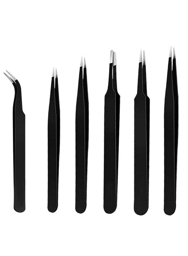 HUNCHA Tweezers for Ingrown Hair Removal, Surgical Grade Medical Tweezers with Sharp Needle Nose Point Tips Ideal Pointed Tweezers for Splinters & Tick Removal, Black, Pack of 6 - Image 1