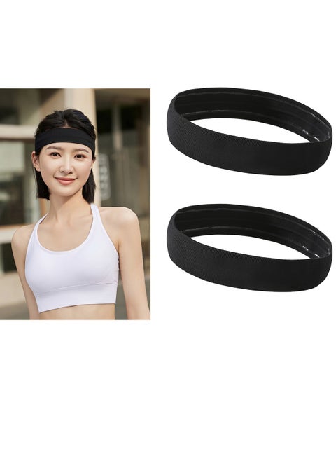 2 Pcs Unisex Sports Headbands Non-Slip Elastic Sweatband (Black+Black)