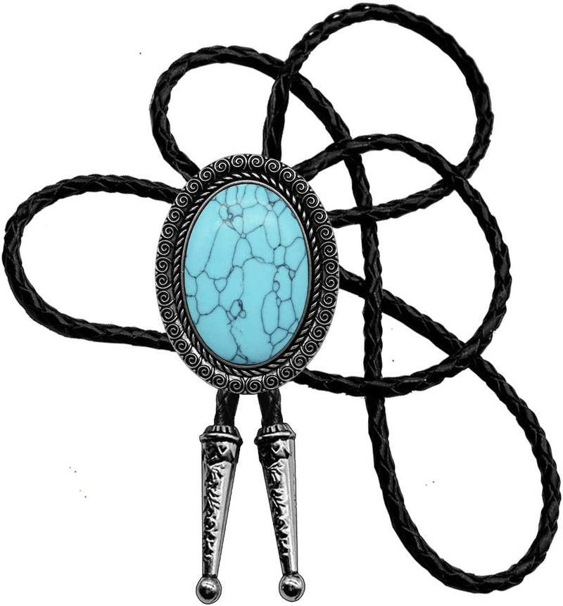 Moranse Bolo Tie With Emerald Blue and Black or More Colors Stone Celtic Style Genuine and Cowhide Rope - Image 1