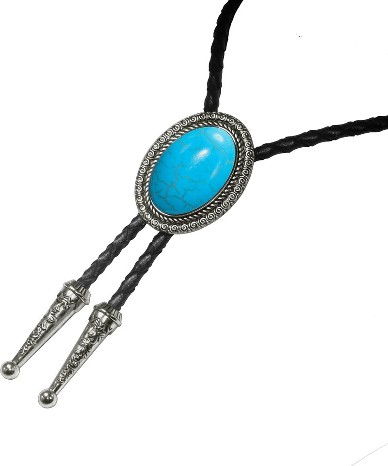 Moranse Bolo Tie With Emerald Blue and Black or More Colors Stone Celtic Style Genuine and Cowhide Rope - Image 4