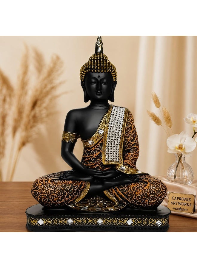 CAPRONIX Artworks Sitting Buddha Idol Statue Showpiece, Orange & Black Resin Buddha Figurine for Home Decor, Living Room, Office, Meditation Room & Spiritual Gift - Image 2
