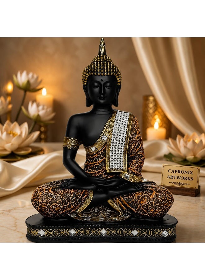 CAPRONIX Artworks Sitting Buddha Idol Statue Showpiece, Orange & Black Resin Buddha Figurine for Home Decor, Living Room, Office, Meditation Room & Spiritual Gift - Image 4