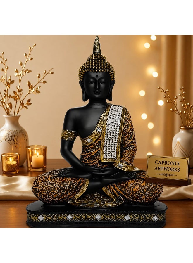 CAPRONIX Artworks Sitting Buddha Idol Statue Showpiece, Orange & Black Resin Buddha Figurine for Home Decor, Living Room, Office, Meditation Room & Spiritual Gift - Image 3