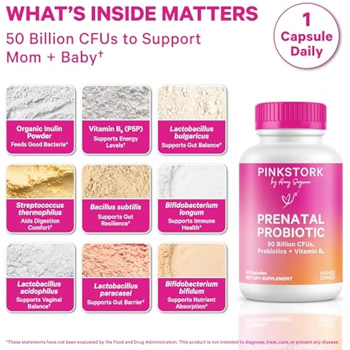 Pink Stork Prenatal Probiotics for Women - Vitamin B6, Prebiotics, Morning Sickness, Gut Microbiome, Pregnancy Probiotic, Immune Support, Pregnancy Must Haves - 60 Capsules - Image 2