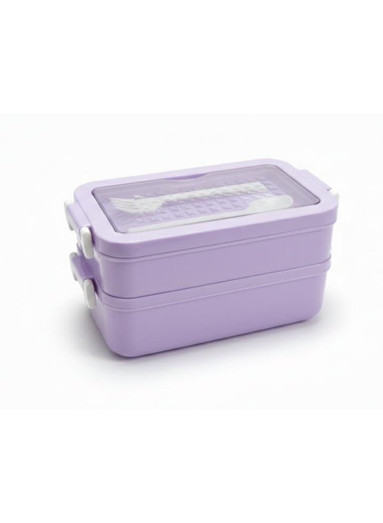 سبيس شوب علبة غداء بلاستيكية محكمة الإغلاق طابقين مع ملعقة وشوكة متعددة الألوان - Image 2