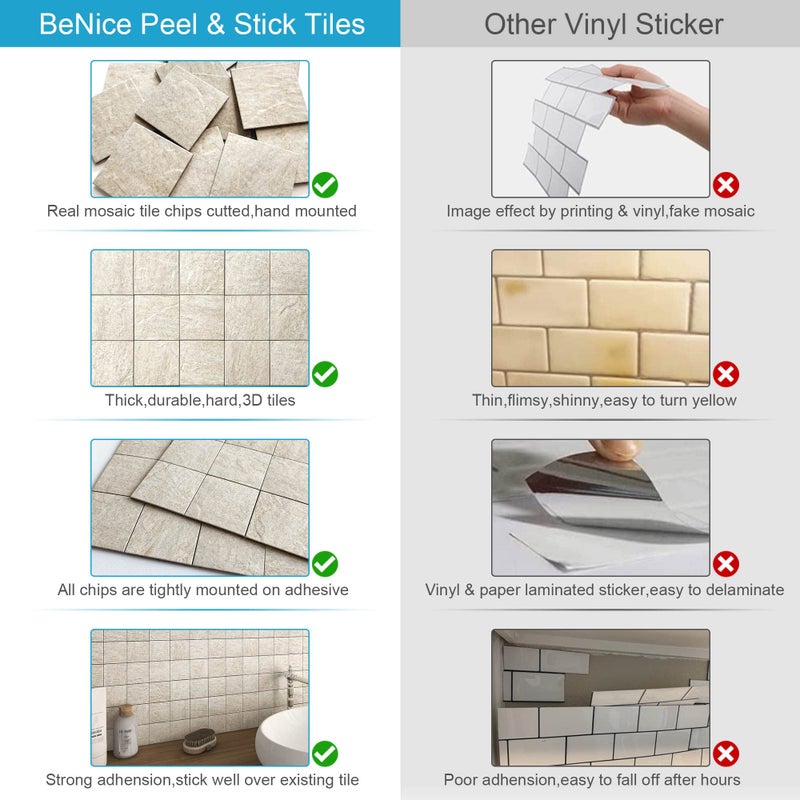 BeNice Kitchen Peel and Stick Tile Backsplash Bathroom Self Adhesive Stone Mosaic Thick Wall Stickers 12"x12"(Beige,10 Sheets) - Image 5