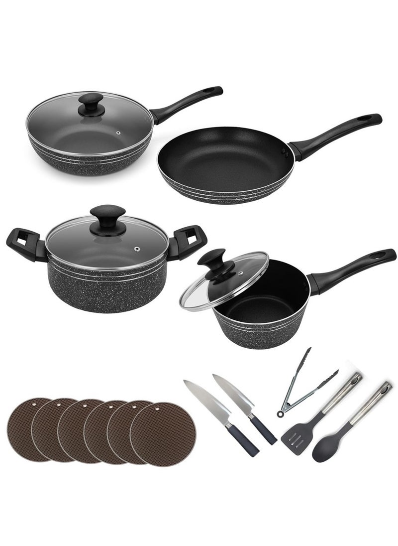 Auroware Auroware 18 Piece Non Stick Cookware Set Induction Bottom PFOA Free Frying pan Wok Pan Sauce Pan Casserole with Lid Table mat Kitchen Utensils Knife  - Image 1