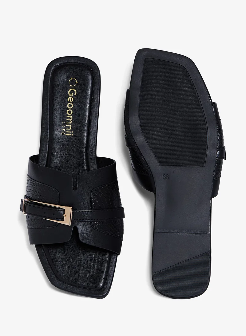 Geoomnii BLACK Geoomnii Flat Sandals for Women – Comfortable Slip-On Casual Summer Sandals for Daily Wear, Walking & Travel for Women | Best Price UAE