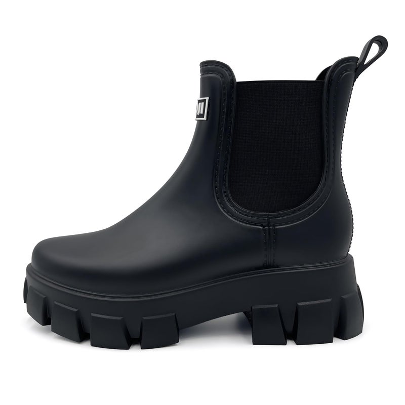 Amoji Unisex Chelsea Rain Boots Waterproof Platform Short Boots Short Rainy Footwear 917 Black 10 Women/8 Men - Image 2