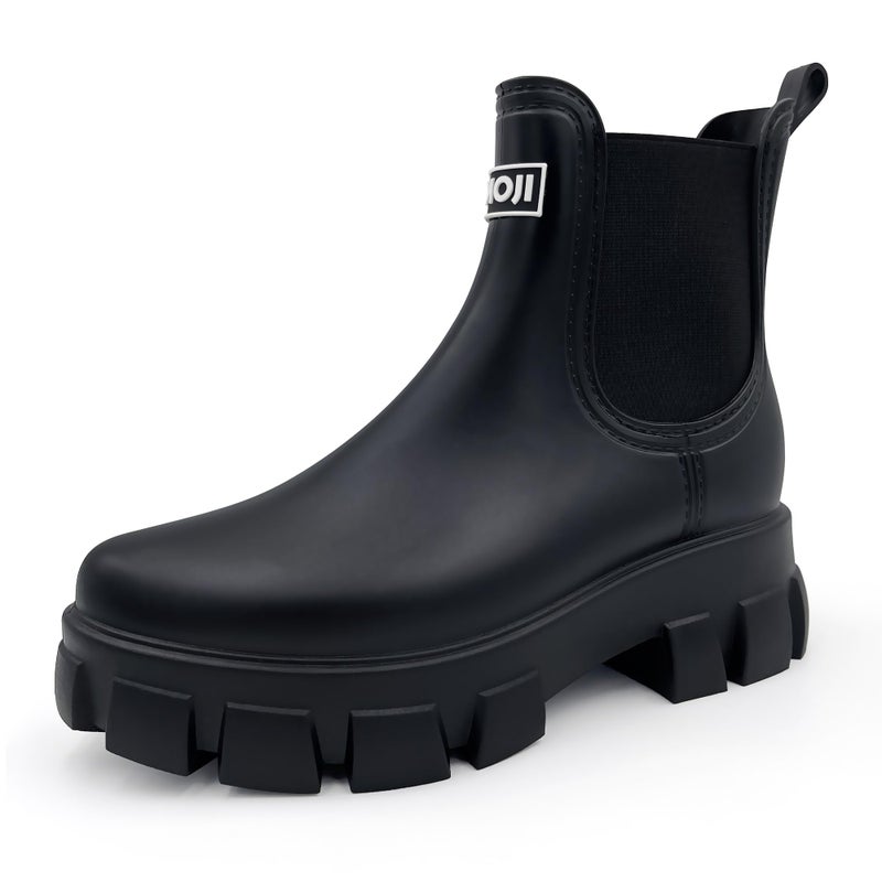 Amoji Unisex Chelsea Rain Boots Waterproof Platform Short Boots Short Rainy Footwear 917 Black 10 Women/8 Men - Image 1