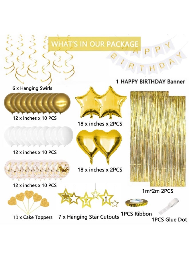 فَرَحُوم زينة عيد ميلاد باللونين الذهبي والأبيض، طقم زينة عيد ميلاد يحتوي على لافتة "عيد ميلاد سعيد"، بالونات ذهبية وبيضاء، بالونات كونفيتي، بالونات على شكل قلب ونجمة، ستائر لامعة من ورق الفويل، زينة كيك، وديكور حفلات مناسب للفتيات والفتيان والنساء والرجال والأطفال، مع جميع لوازم الحفلات. - Image 2
