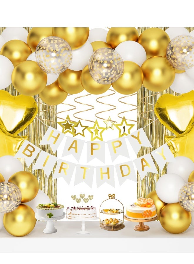 فَرَحُوم زينة عيد ميلاد باللونين الذهبي والأبيض، طقم زينة عيد ميلاد يحتوي على لافتة "عيد ميلاد سعيد"، بالونات ذهبية وبيضاء، بالونات كونفيتي، بالونات على شكل قلب ونجمة، ستائر لامعة من ورق الفويل، زينة كيك، وديكور حفلات مناسب للفتيات والفتيان والنساء والرجال والأطفال، مع جميع لوازم الحفلات. - Image 1