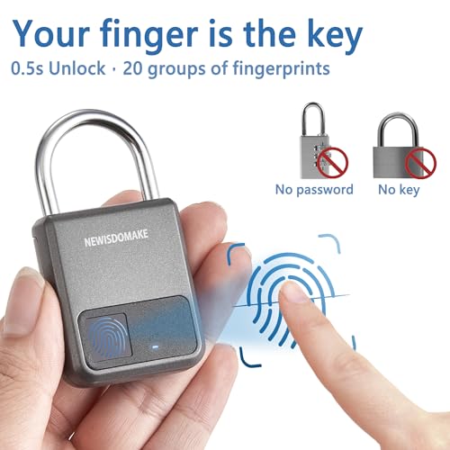 Newisdomake Fingerprint Padlock, Smart Padlock with USB Charging Support, Fingerprint Lock, Biometric Lock Suitable for Luggage, Bookcase, Suitcase, Backpack, Bike, School Locker, Gym Locker Lock(Gray) - Image 2