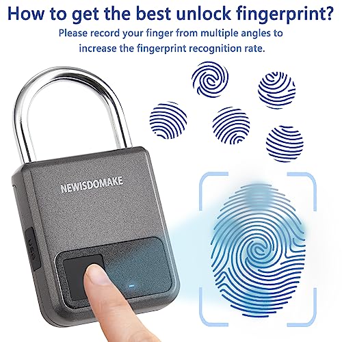 Newisdomake Fingerprint Padlock, Smart Padlock with USB Charging Support, Fingerprint Lock, Biometric Lock Suitable for Luggage, Bookcase, Suitcase, Backpack, Bike, School Locker, Gym Locker Lock(Gray) - Image 5