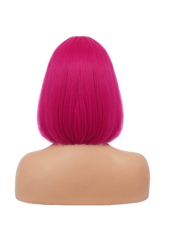 RightOn 12 Inches Hot Pink Wig Short Bob Wig Hot Pink Short Straight Wig Bob Wig With Bangs Synthetic Bob Wigs For Daily Or Party Wig Cap Include - Image 5