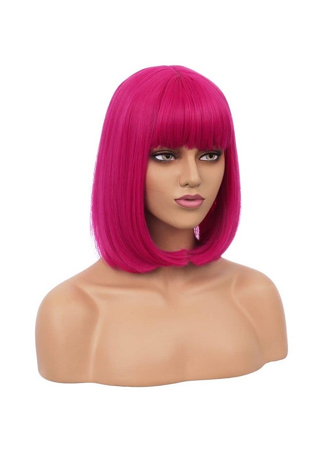 RightOn 12 Inches Hot Pink Wig Short Bob Wig Hot Pink Short Straight Wig Bob Wig With Bangs Synthetic Bob Wigs For Daily Or Party Wig Cap Include - Image 2